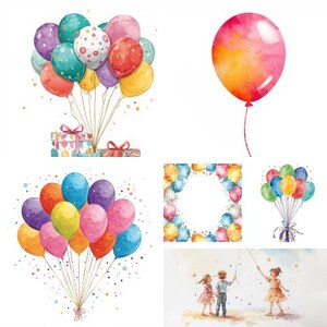 Birthday Balloon Clipart PNG Watercolor, Pastel Party Balloons, Kids Birthday Illustration, Instant Digital Download Printable Birthday Grap
