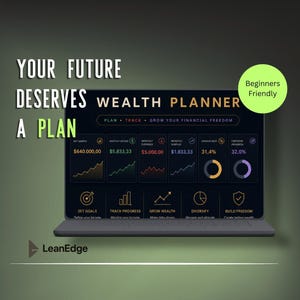 May include: A laptop displaying a wealth planner interface with financial data charts and graphs. The text "YOUR FUTURE DESERVES A PLAN" is at the top, with "Beginners Friendly" in a green circle. The LeanEdge logo is at the bottom.