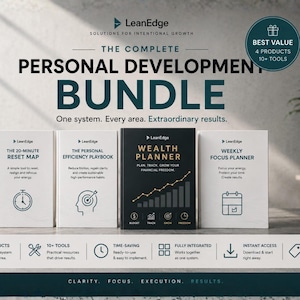 以下が含まれることがあります： The 20-Minute Reset Map、The Personal Efficiency Playbook、Wealth Planner、Weekly Focus Plannerというタイトルの4冊の本を含む自己啓発バンドル。時間、目標、財務のアイコンが含まれており、4つの製品と10以上のツールに関するテキストが記載されています。