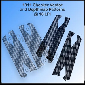 以下が含まれることがあります： グレーと黒の色合いの市松模様のデザインの4つのベクターパターンが、グラデーションブルーの背景に表示されています。「1911 Checker Vector and Depthmap Patterns @ 16 LPI」というテキストが上部にあります。