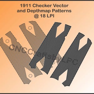 May include: An orange background with black text that reads "1911 Checker Vector and Depthmap Patterns @ 18 LPI". The image shows four black, diamond-patterned shapes, each with a unique design, and two small circles.