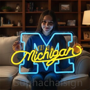 Michigan Neon Sign,University of Michigan Wolverines,Bedroom Wall Decor, Personalized Gift for Boyfriend,Football Fan Man Cave