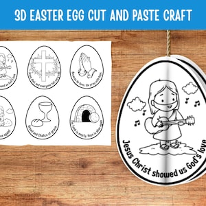 Op de afbeelding: Een zwart-wit Paasknutselpakket met de tekst "3D EASTER EGG CUT AND PASTE CRAFT". De set bevat eivormige illustraties van Jezus, een kruis, biddende handen, een kelk en een leeg graf.