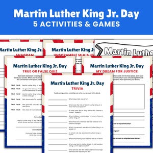May include: A collection of educational worksheets for Martin Luther King Jr. Day, featuring activities like anagrams, true or false quizzes, trivia, and a dream journal. The worksheets have a red, white, and blue color scheme.