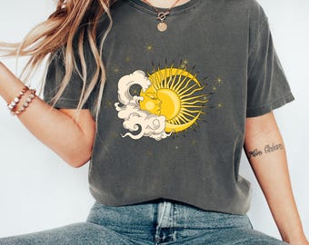 Comfort Colors Vintage Moon Sun and Cloud Illustration T-shirt, Celestial Sun Graphic Tee