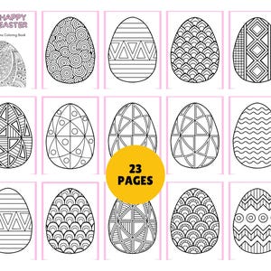 Könnte beinhalten: Ein Malbuch mit dem Titel "Happy Easter Patterns Coloring Book" mit 23 Seiten. Das Buch enthält Schwarz-Weiß-Strichzeichnungen von Ostereiern mit verschiedenen geometrischen und gemusterten Designs. Das Cover zeigt ein detailliertes Eierdesign.