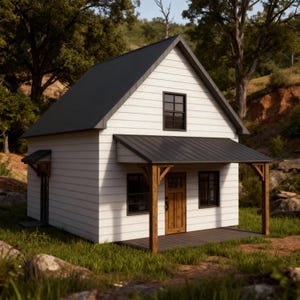 Può includere: Una piccola casa bianca con tetto in metallo nero e portico in legno. La casa ha una porta in legno e finestre con cornici nere. La casa è circondata da erba verde e alberi, creando un ambiente rustico e naturale.