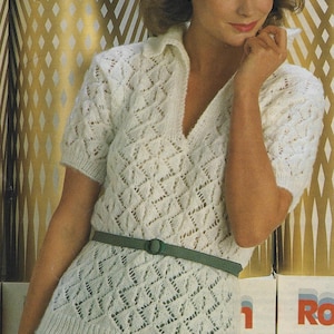 Vintage Knitting Pattern PDF- Women&#39;s Double Knitted Lacey Shirt With V Neck Collar