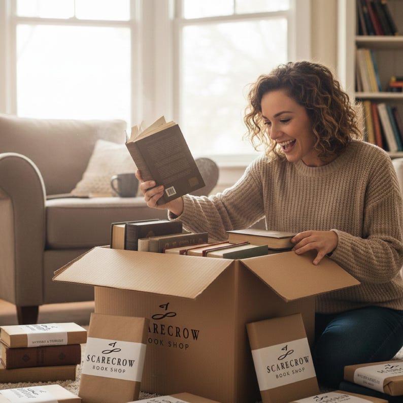 May include: A woman smiles while looking at a book from a cardboard box filled with books. The box and several wrapped books are labeled "Scarecrow Book Shop". Other books are stacked nearby. The scene takes place in a well-lit room with a couch and bookshelves.