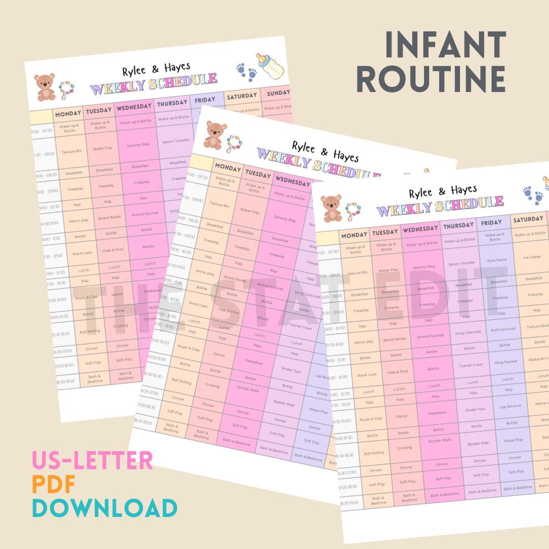 Baby Routine Letters Simple Editable Infant Daily Routine & Weekly Schedule PDF| Twin Babies ...