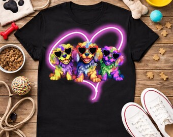 Rainbow Dogs Neon Heart T-shirt, färgglad valpgrafik