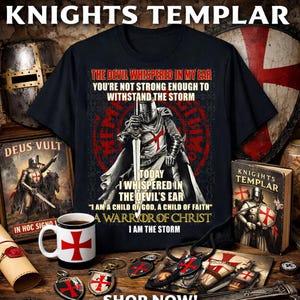 May include: A collection of Knights Templar merchandise, including a black t-shirt with a knight graphic and text, a coffee mug, keychains, pendants, and a book. The items feature a red cross design and the words "Knights Templar".