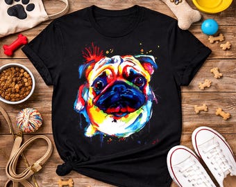 Färgglad akvarell mops-t-shirt – konstnärlig hundälskare-t-shirt