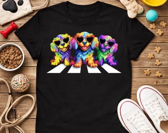 Regnbågshundar T-shirt, färgglad valphjärta solglasögon T-shirt