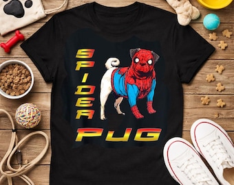 Spindelmops-t-shirt, superhjältehundtröja, mopsdräkt i serietidning
