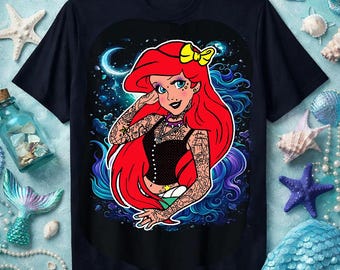 T-shirt med sjöjungfrumotiv och fantasitatuering, Celestial Ocean-grafik, kustnära stugkärna