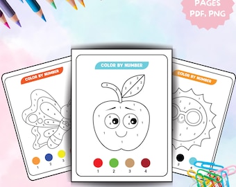 Páginas imprimibles para colorear por números: Hojas de actividades para niños (formatos PDF y PNG)