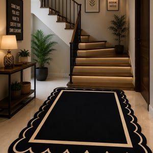 Hand Tufted Black Scalloped Area Rug, Modern Wool Border Rug, Luxury Handmade Statement Carpet, Custom Living Room Bedroom Entryway Decor Ru