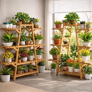 May include: Two wooden plant stands with multiple shelves, each holding various potted plants. The plants include a variety of green foliage and colorful flowers. The stands are made of light brown wood and are positioned near a window.
