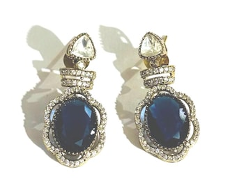 Polki & Blue Sapphire Monalisa Stone Earrings: Kundan Style Indian Jewelry