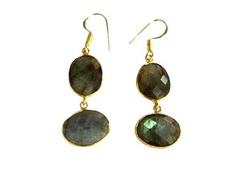Elegent Grey Labradorite Oval bazel gemstone gold plated Drop Earrings Statement Gift for Her