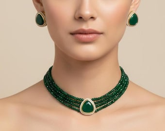 Green Stone Choker and Green Jade Beads Gold Plated Jewelry with Matching Stud Earrings