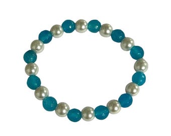Handmade Sky Blue Jade & Pearl Stretch Bracelet