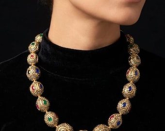 Multicolour Stone Beaded Kundan Gold Plated Necklace, Traditional Indian Statement Jewelry,