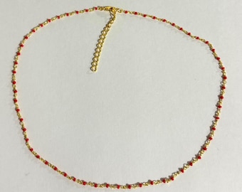 2mm Red Smooth Round Beads Necklace, Gold Plated Minimalist Jewelry, Dainty Beaded Necklace