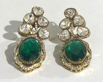 Green Oval Monalisa Polki Earrings, Gold Plated Dangle Earrings, Handmade Indian Jewelry