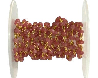 Faceted Pink Jade Rosary Chain, Gold Plated, Beaded Jewelry Supply