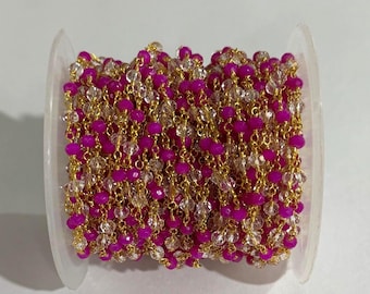 Pink & Clear Crystal Rosary Chain, Gold Plated, 3mm Beaded Chain