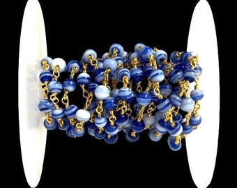 Blau gestreifte Glas Rosenkranz Kette: Vergoldetes Messing, 5 mm Perlen, 5 Fuß