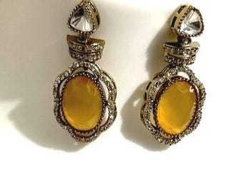 Polki & Citrine Kundan Earrings: Indian Bridal Dangle Jewelry