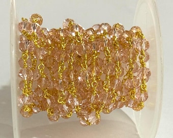 Pink 6mm Crystal Faceted Beads Rosary Style Chain, Gold Plated Wire Wrapped Beaded Chain