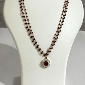 Dark red pandent and Garnet Hydro Beads 3mm Layered Necklace with Matching Stud earrings