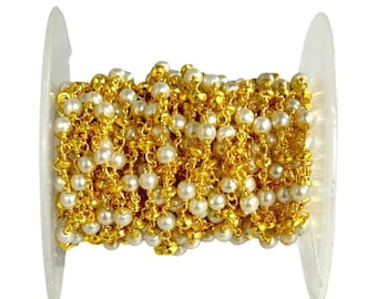 Gold-Plated Rosary Chain with 4mm White Pearls & Gold Brass Beads – Handmade Jewelry Supply