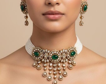 Green Stone Kundan Choker, Gold Plated Pearl Necklace Earring Set