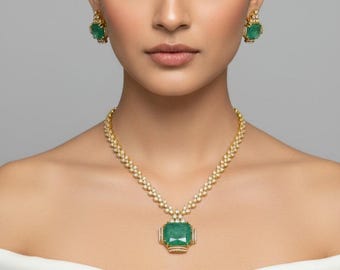 Mint Green AD Gemstone Necklace Set, Gold Plated Ethnic Jewelry