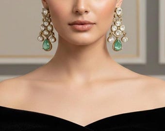 Mint Green Pan Stone Monalisa Polki Earrings Gold Plated Dangle Earrings Handmade Indian Jewelry