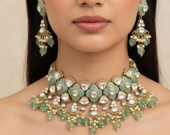 Green Kundan Choker Set, Gold Plated Indian Bridal Jewelry