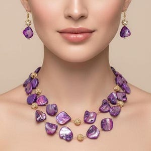 Set di collana e orecchini in madreperla viola, gioielli da sposa placcati in oro