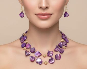 Purple Mother of Pearl Necklace Earring Set, Gold Plated Bridal Jewelry