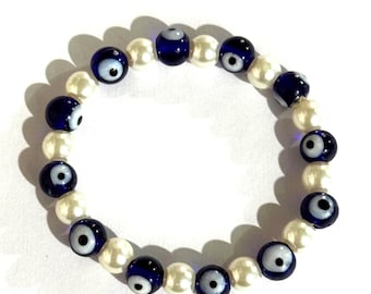Handmade Pearl & Evil Eye Stretch Bracelet: Protection Jewelry