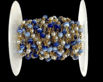 Blau Gestreifte Perlen Rosenkranz Kette: Vergoldete Wire Wrapped Faux Perle