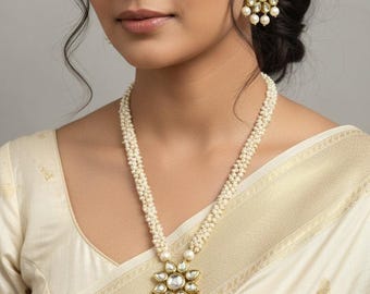 Flower shape Kundan Pendant with 3mm White Pearl thick Layer Gold Plated Necklace set with Matching Stud Earrings, Bridal Jewelry Gift