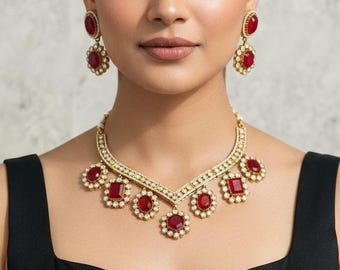 Kundan Rubin Brudhalsband Set, Förgyllda Indiska Smycken