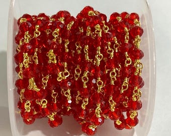 Rot Quarz Kristall Rosenkranz Kette, Gold Plated Draht gewickelt, 6 mm facettierte Perlen