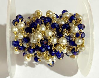 6 mm weiße Perle & blaue beschichteten Kristall facettierte Perlen Rosenkranz Kette, vergoldet