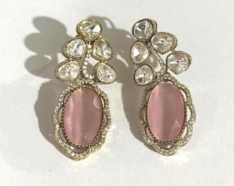 Rose Quartz Oval Monalisa Polki Earrings, Gold Plated Dangle Earrings, Handmade Indian Jewelry